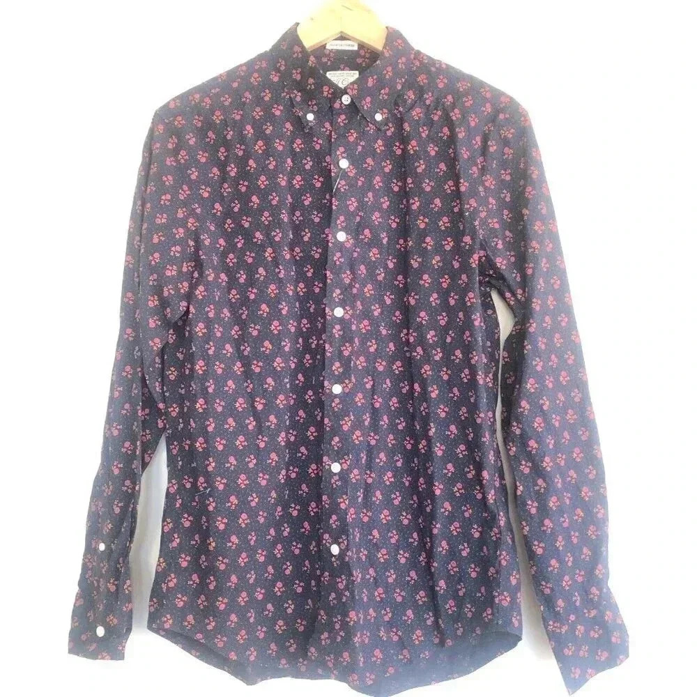 J Crew Slim Fit Floral Print Button Down Shirt Navy Mens Medium Business Casual